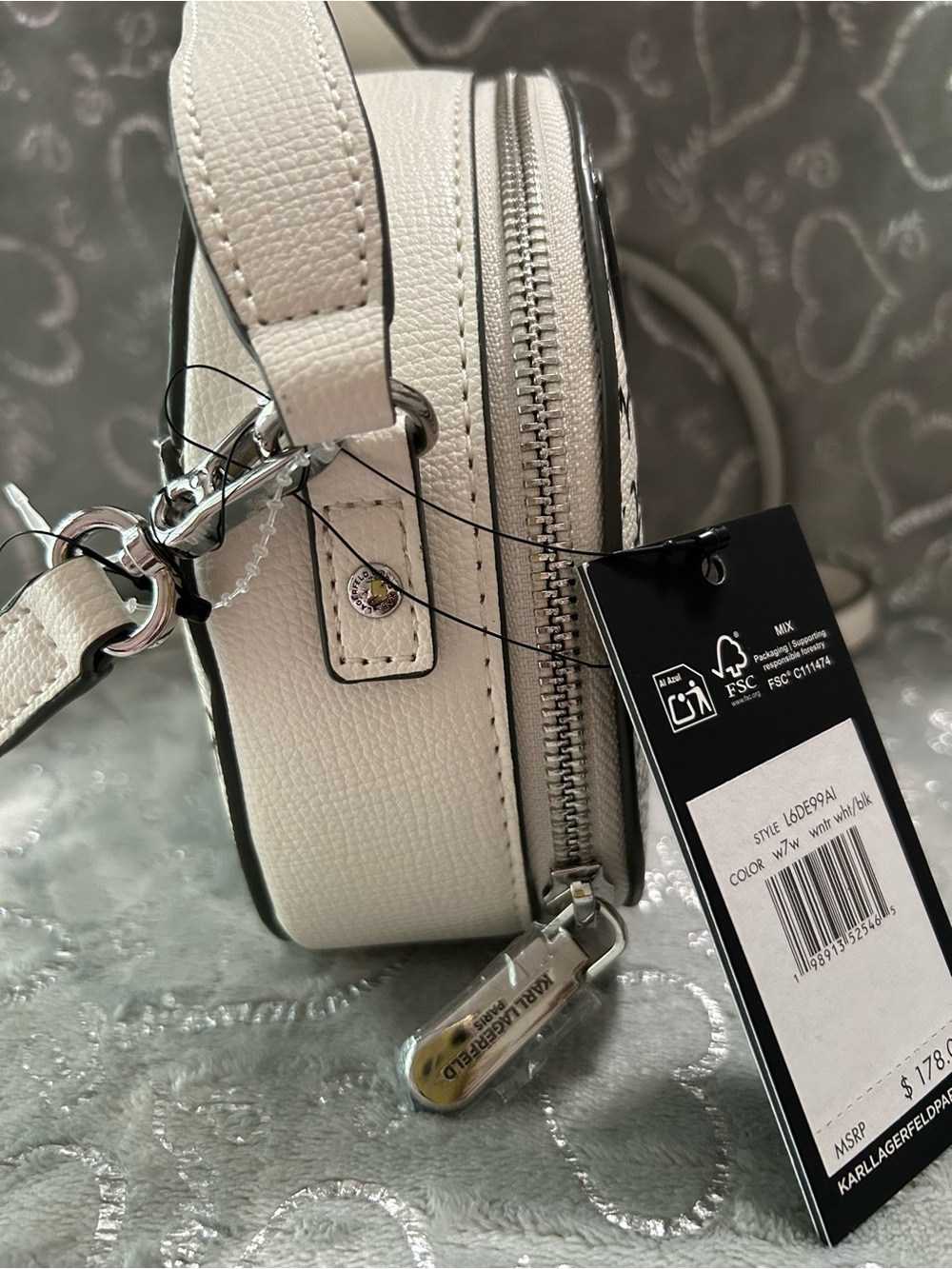 NWT Karl Lagerfeld, Mini, White, Crossbody Bag with Black Sunglasses & Pink Nose - Picture 5 of 11
